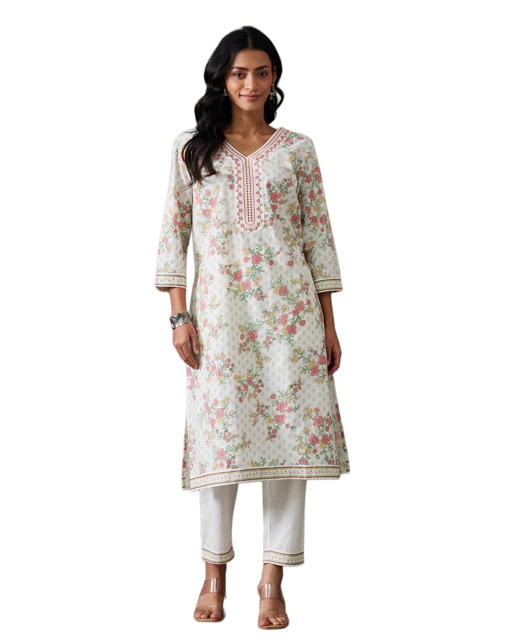 Fabindia Fabnu Women Cotton White-Pink Embroidered V-Neck 3Q Sleeves Everyday Regular Fit Kurta & Pant Set