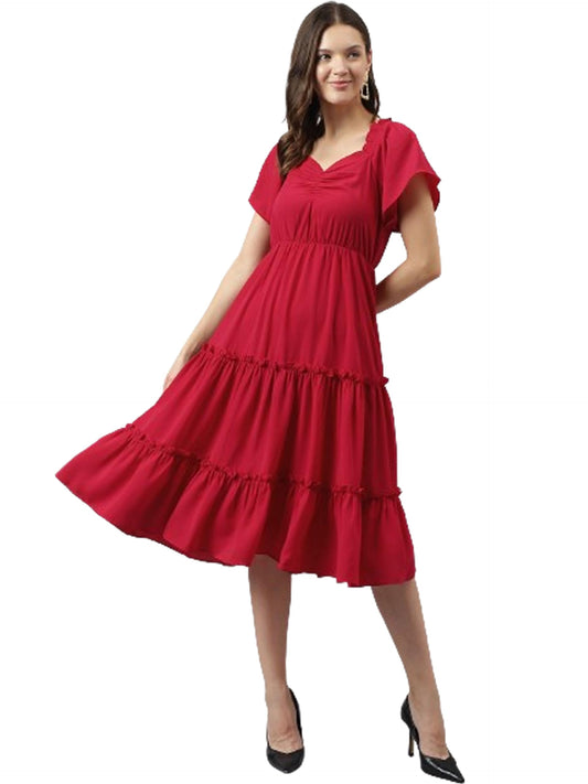 Toochki Womens red Rayon Solid fit & Flared Regular fit Western Midi Length Kurti a line Style Summer wear Kurtis Trendy Colour