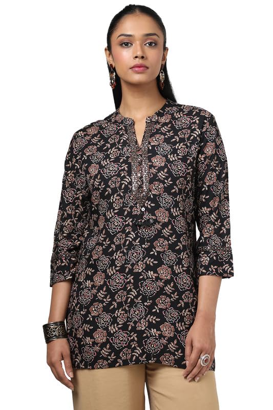 Soch Womens Black Rayon Floral Print Tunic with Faux Mirror