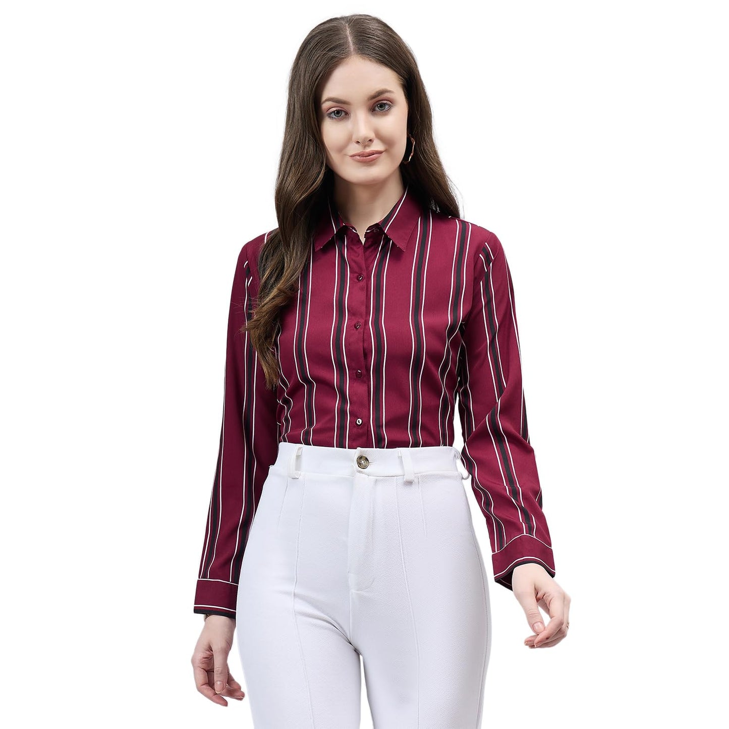 Style Quotient Women Maroon Stripe Printed Polyester Regular Fit Formal Shirt