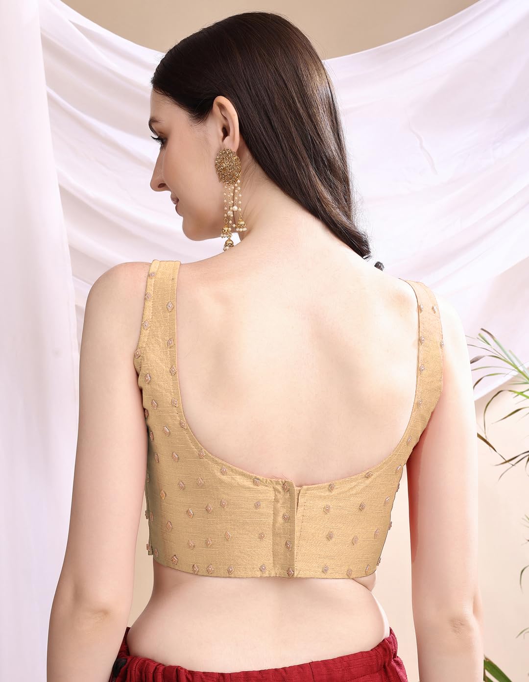Pujia Mills Womens Square Neck Silk Sleeveless with Stone Readymade Blouse