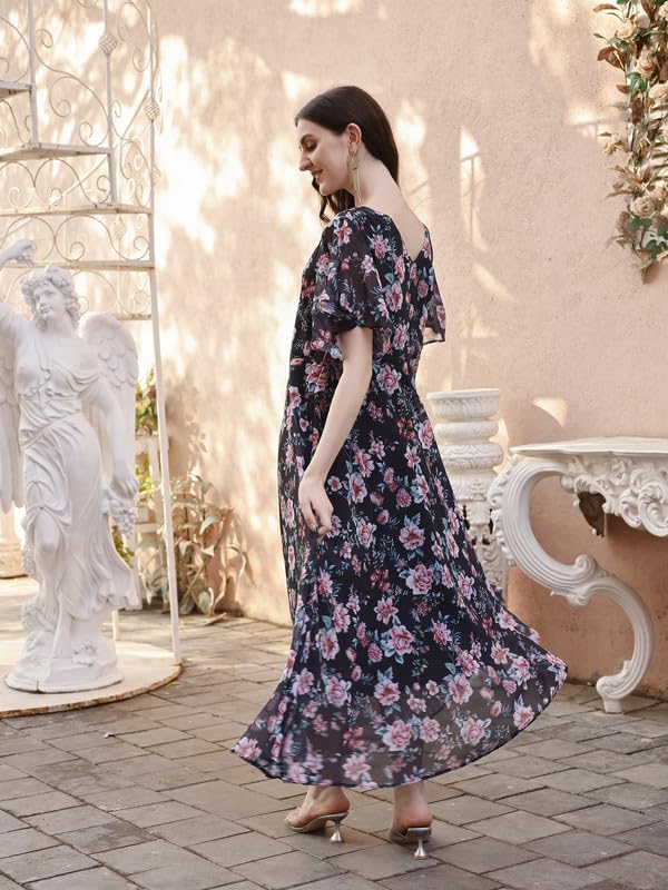 Smowkly WomenS Georgette Floral Printed Indo-Western Ethnic Gown || Half Sleeve V Neck Fit & Flare Flared Hem Design || A-Line