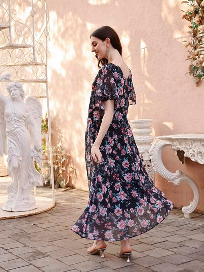 Smowkly WomenS Georgette Floral Printed Indo-Western Ethnic Gown || Half Sleeve V Neck Fit & Flare Flared Hem Design || A-Line