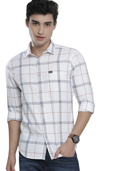The Indian Garage Co White Regular Fit Spread Collar Checkered Long Sleeves Shirt