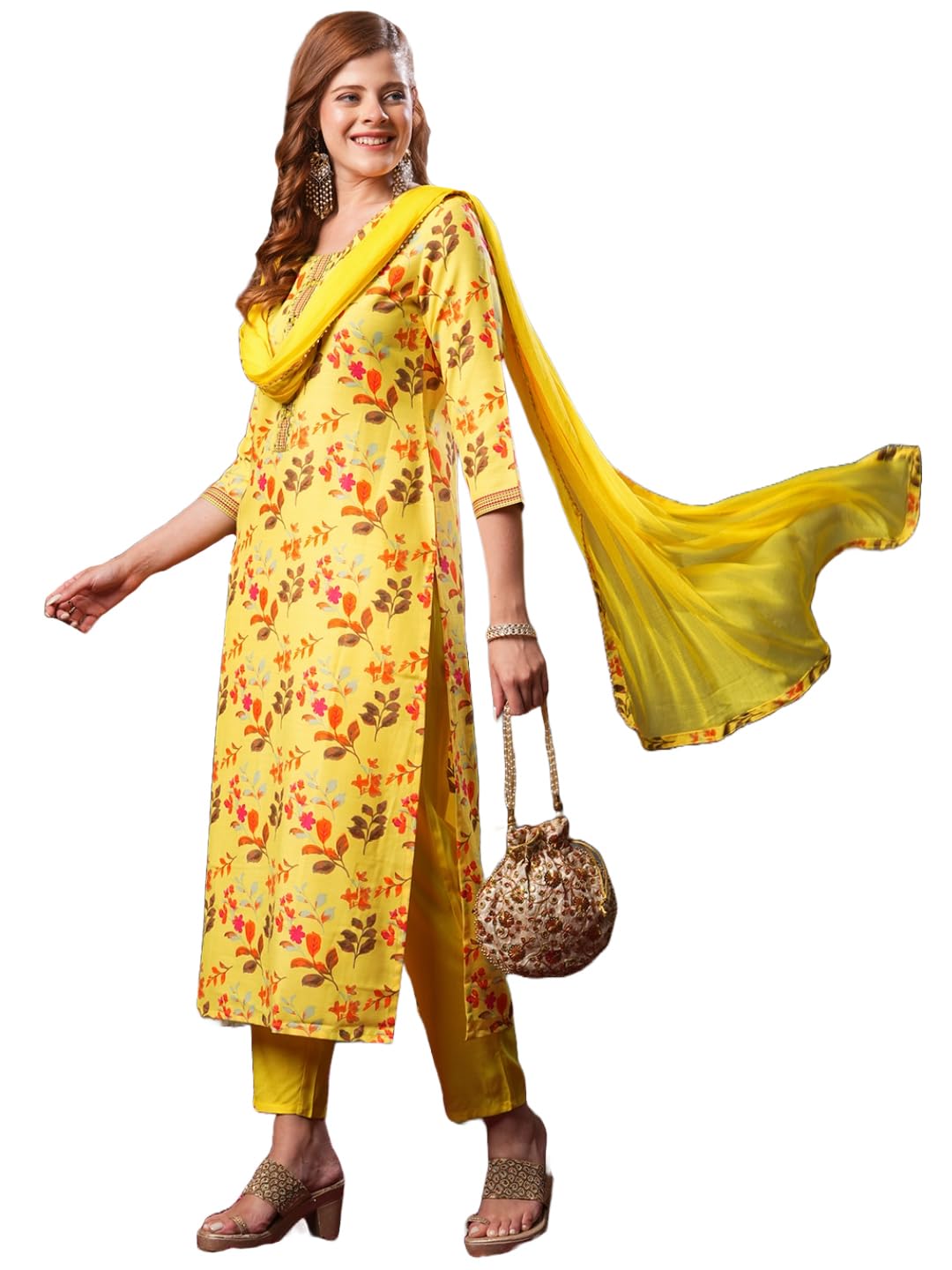 ANNI DESIGNER Ladies Cotton Blend Dupatta Kurta Trousers, yellow, L