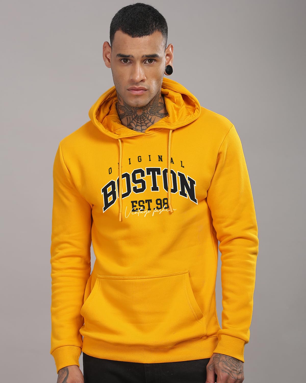 ADRO Men's Cotton Neck Hooded Sweatshirt (H24-BOST-MU_Mustard