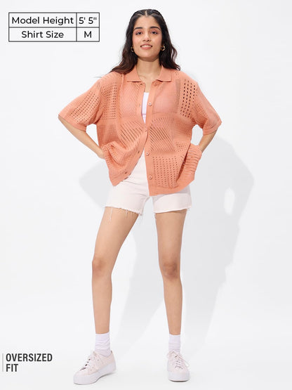The Souled Store Open Knit Shirt: Peach Women and Girls Long Sleeve Collared Neck Button Down Boyfriend Shirts Womens Boyfriend