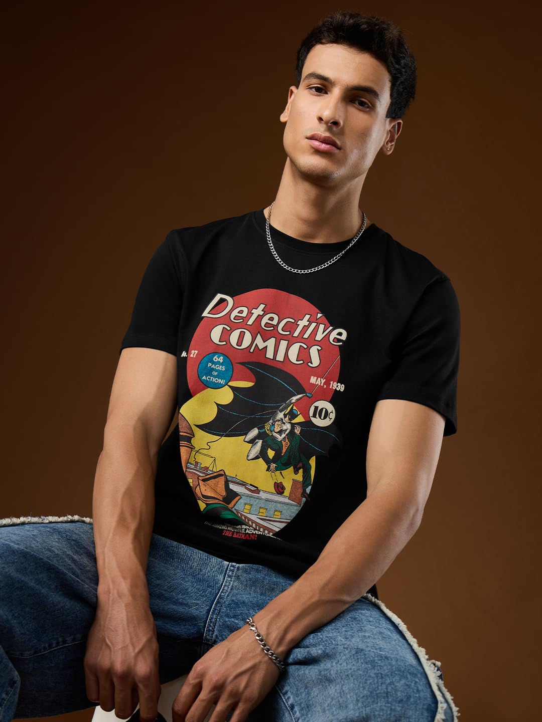 The Souled Store DC Comics: Detective Comics Men and Boys Short Sleeves Round Neck Black Graphic Printed Cotton Regular Fit Ligh