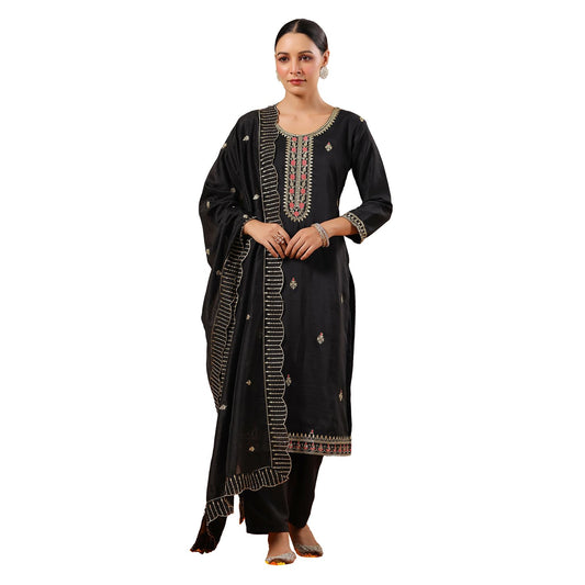 ishin Women's Poly Silk Ethnic Motifs Zari Black Straight Kurta Suit Set with Trousers and Dupatta