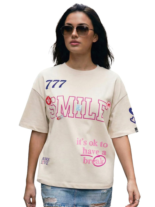 Bewakoof Heavy Duty Womens Typography Oversized Fit Half Sleeve Round Neck Cotton Terry T-Shirt_1003894_Beige_2XL