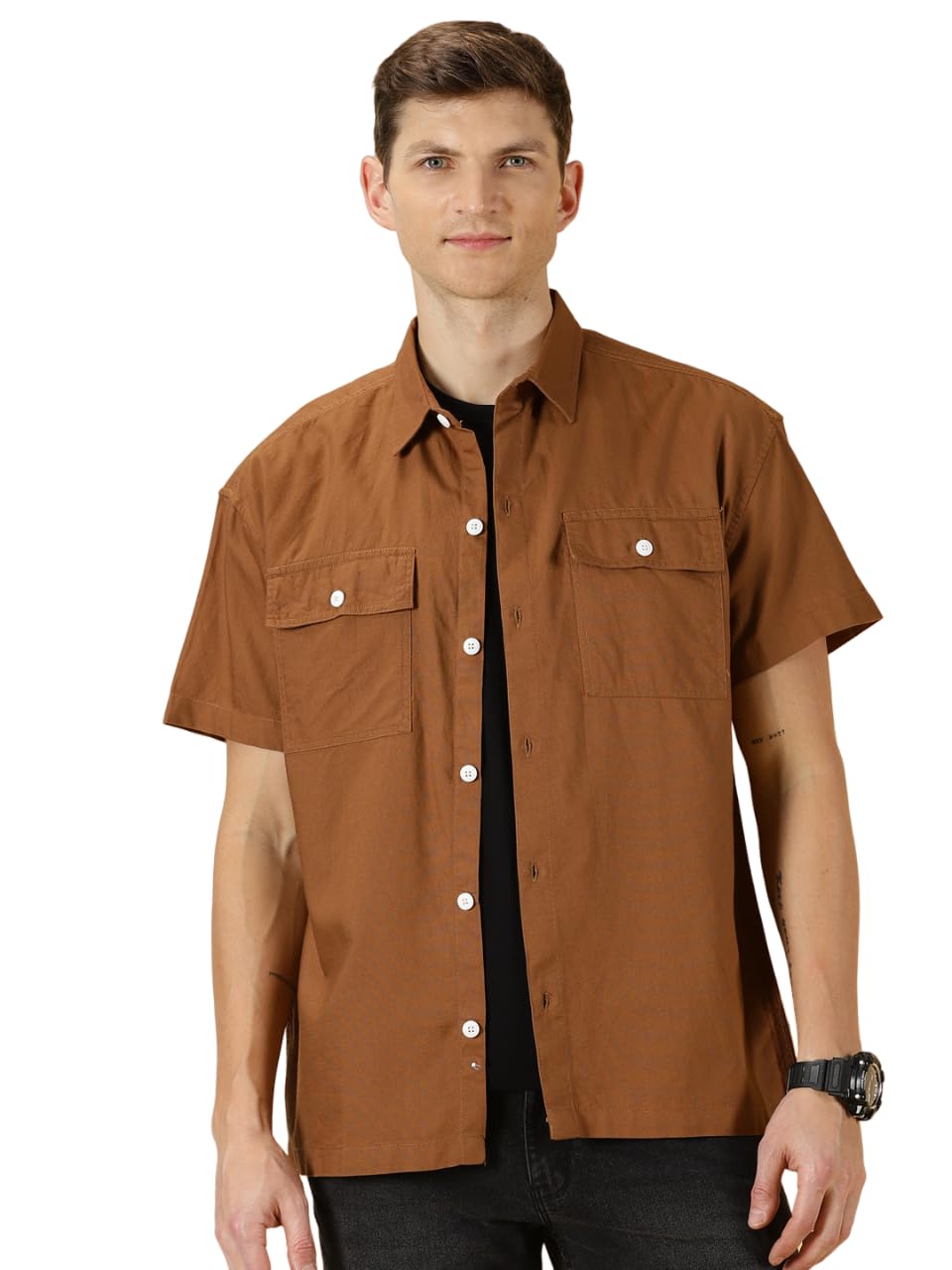 Thomas Scott Solid Double Pocket Boxy Fit Casual Shirts for Mens Brown