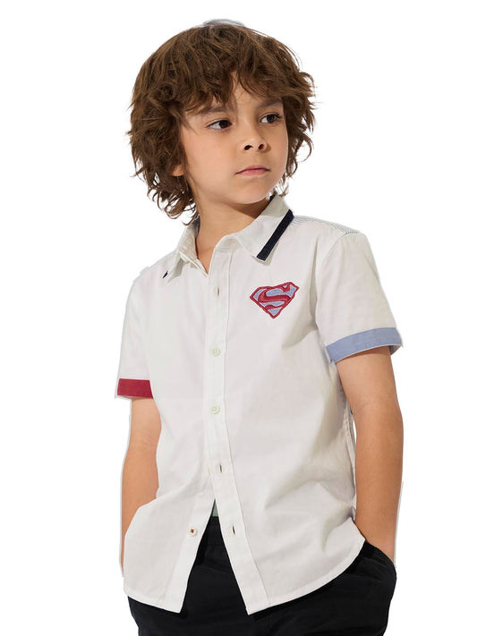 The Souled Store Official Superman Originals: Man of Steel Boys Short Sleeves Collared Neck Button Graphic Printed Cotton Shirts