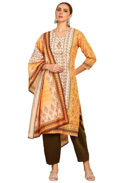 Soch Womens Mustard Print With Embroidery Cotton Blend Suit Set With Sequins