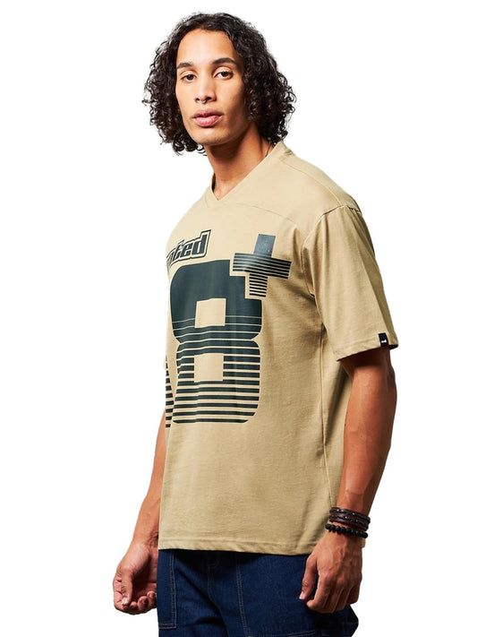 Bewakoof Mens Color Block Oversized Fit Half Sleeve V-Neck Cotton T-Shirt_627867_Brown_XL