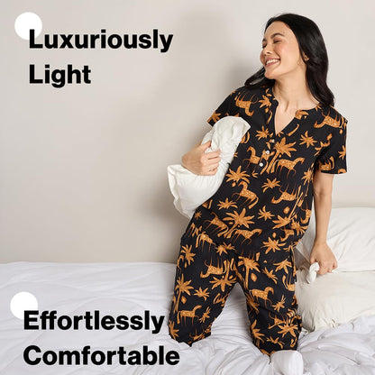 NYKD (NYS933 Printed Rayon Coords Night Suit for Women | Relaxed Fit V Neck Top with Non Slip Adjustable Waistband Pyjama Pants