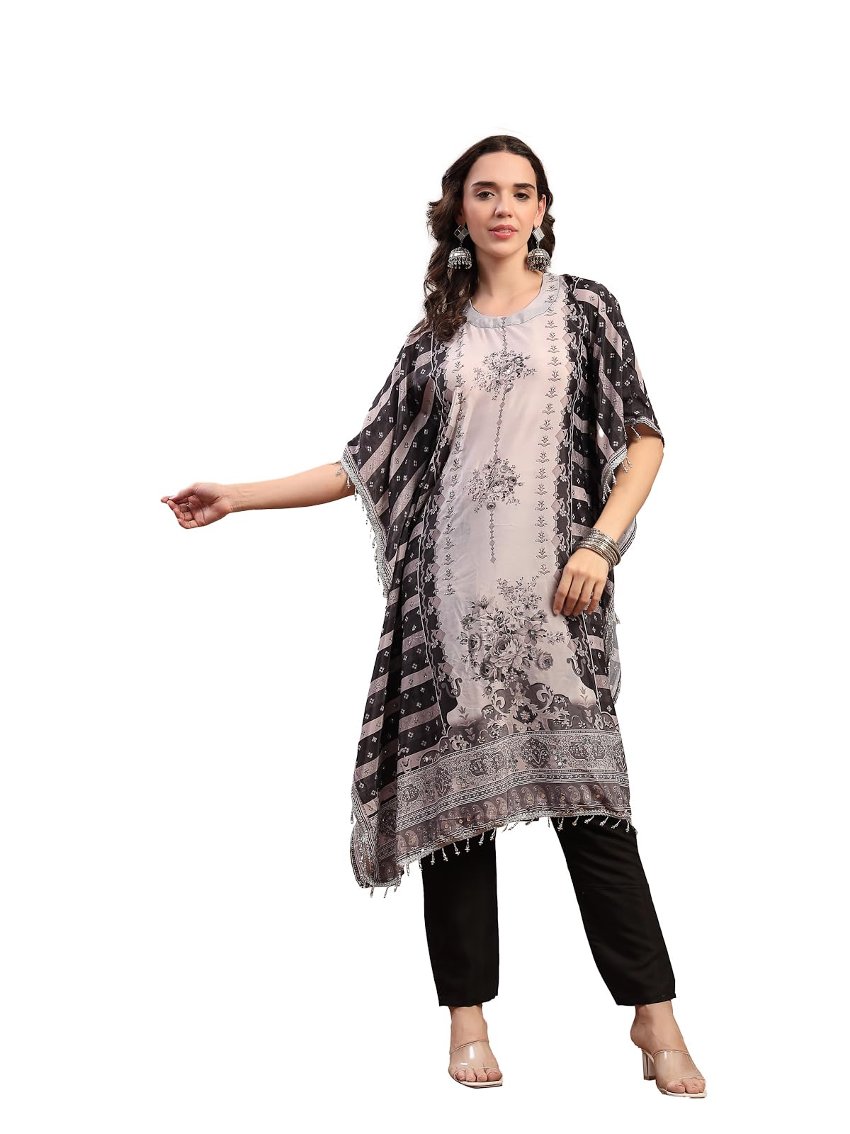 Stylum Womens Black Mirror Work Printed Silk Blend Kurti Pant Set