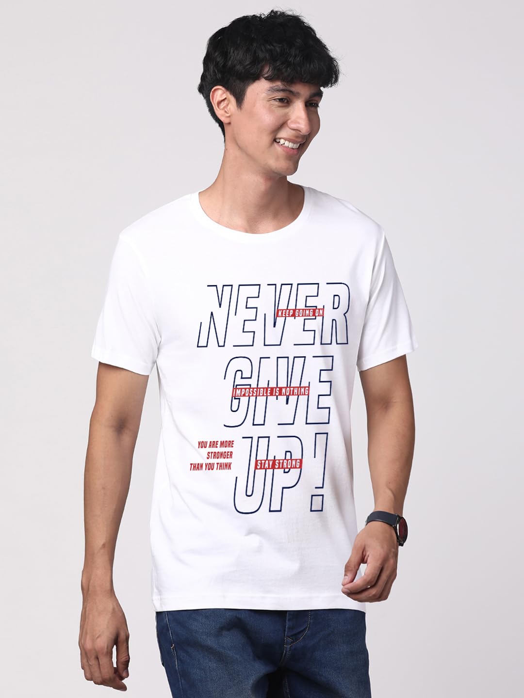 ADRO Never Give Up Printed T-Shirt for Men - 100% Cotton, Regular Fit, Soft Breathable Fabric. (RN23-M-NVR-WH_White)