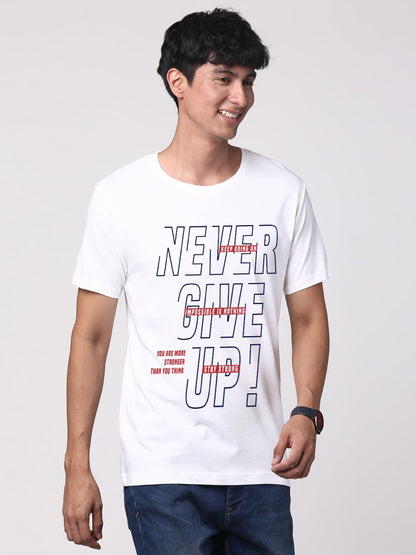 ADRO Never Give Up Printed T-Shirt for Men - 100% Cotton, Regular Fit, Soft Breathable Fabric. (RN23-M-NVR-WH_White)
