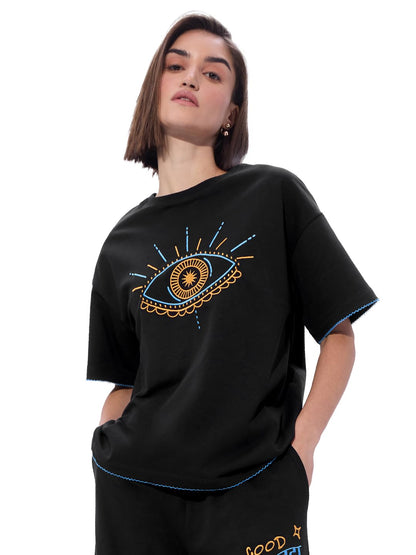 The Souled Store Evil Eye Women and Girls Short Sleeve Round Neck Black Graphic Printed Cotton Oversized T-Shirts
