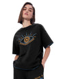 The Souled Store Evil Eye Women and Girls Short Sleeve Round Neck Black Graphic Printed Cotton Oversized T-Shirts
