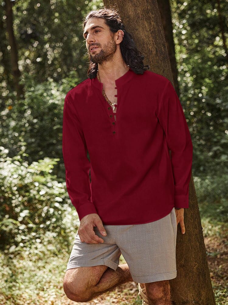 ROYALSCOUT Mens Cotton Solid Full Sleeve Short Kurta Shirt Maroon