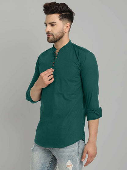 ROYALSCOUT Mens Cotton Blend Full Sleeve Short Kurta with Mandarin Collar Green