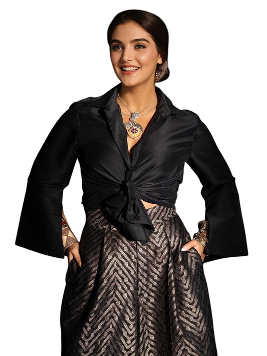 Ishin WomenS Black & Gold Festive Crop Knot Top With Flared Brocade Trousers