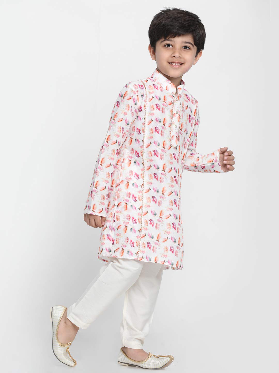 Vastramay Boys White Linen Cotton Kurta Set For Independence Day Celebrations- Digital Floral Print Ethnic Wear With Mandarin Co