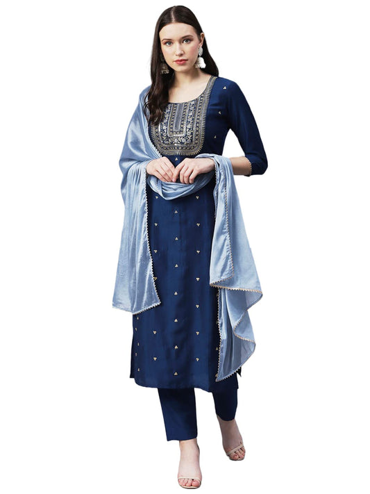 ANNI DESIGNER Women's Cotton Blend Straight Embroidered Kurta with Pant & Dupatta (Yesta Kerocine)