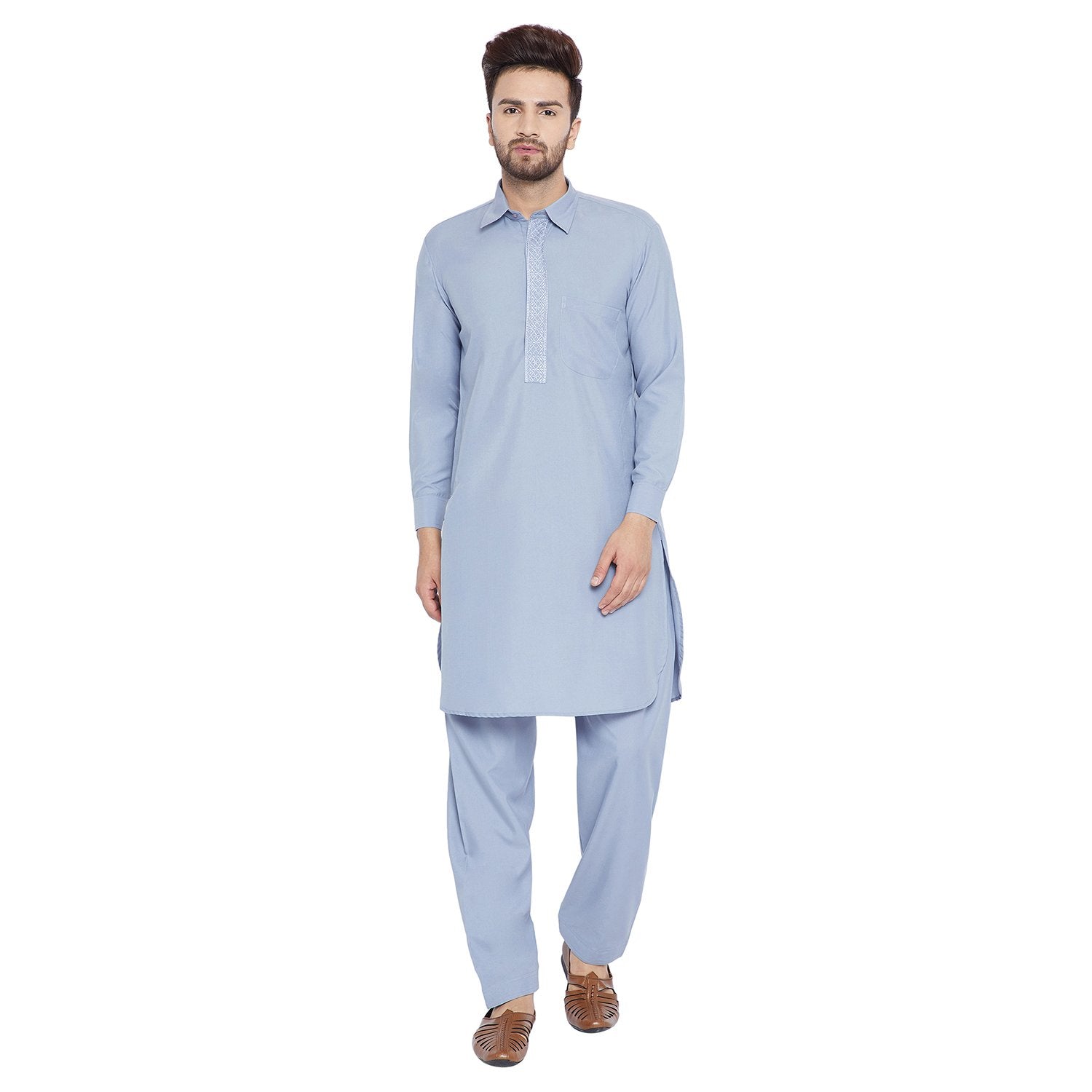 SOJANYA (Since 1958 Men's Grey Cotton Blend Pathani Kurta Sets