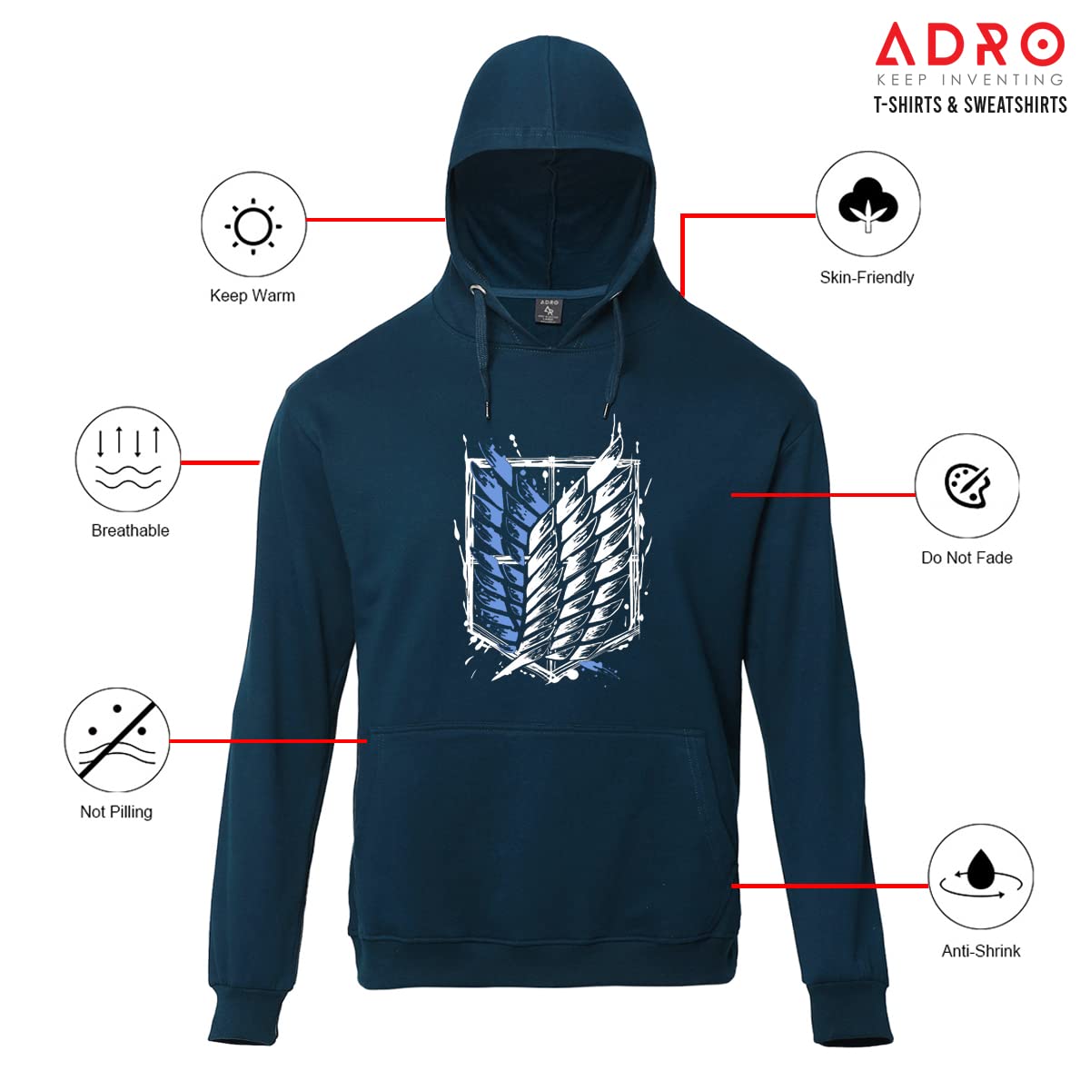 ADRO Men's Cotton Neck Hooded Sweatshirt (H22-M-AR2-SB_Teal)