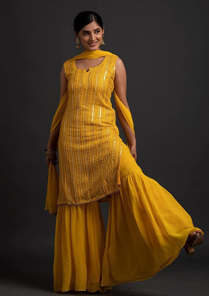 Xomantic Fashion WomenS Georgette Sequence Work Kurta Sharara Set With Dupatta Yellow