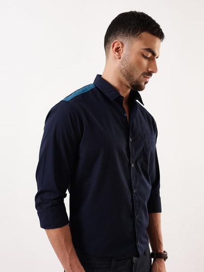 Dennis Lingo Men Navy - Teal Solid Spread Collar Full Sleeves Regular Fit Cotton Casual Shirt