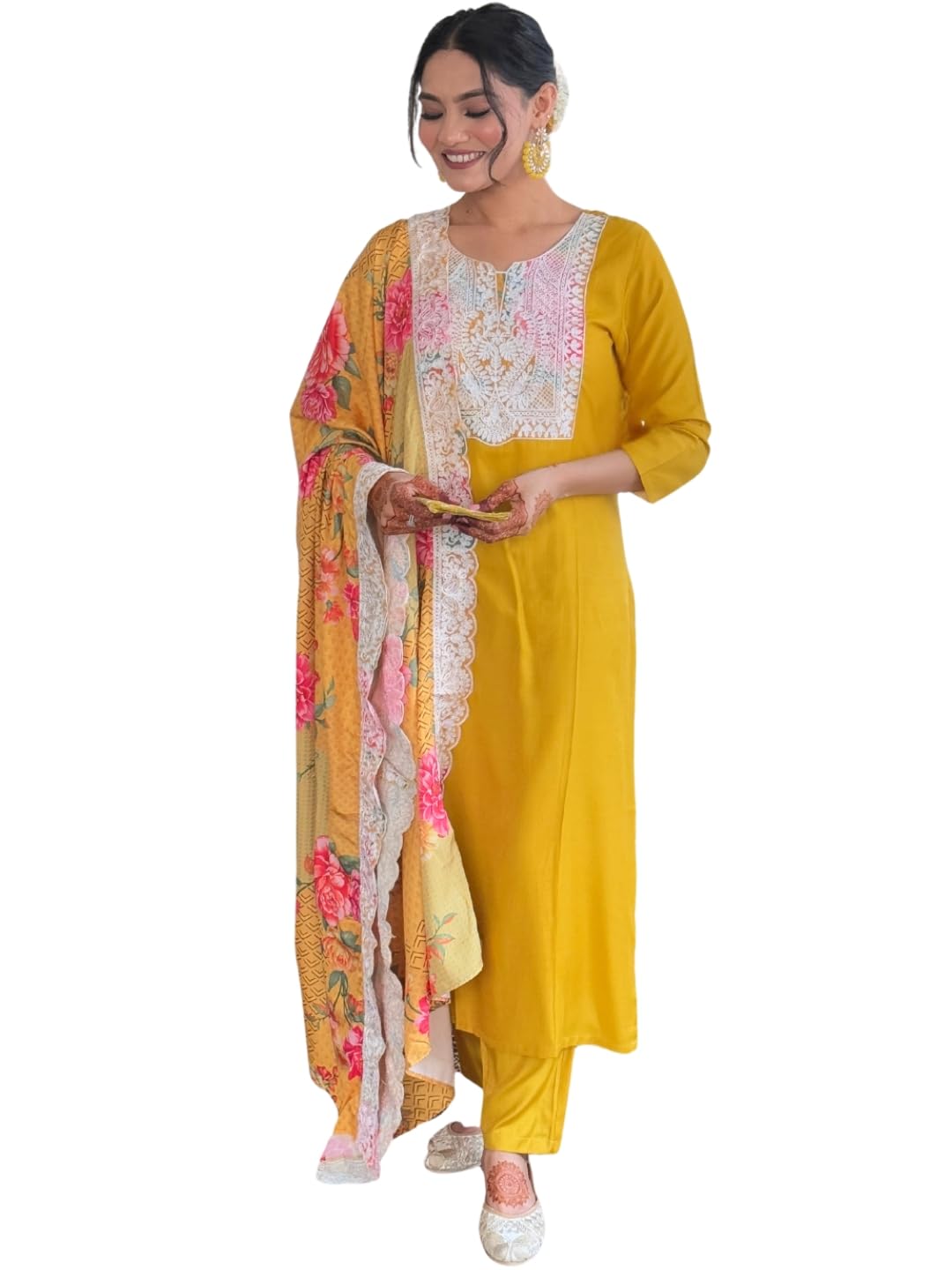 Naixa WomenS Yellow Bsy Viscose Embroidered Flared Kurta With Bsy Viscose Pant And Art Silk Embroidered Laced Dupatta Sets (Nx-