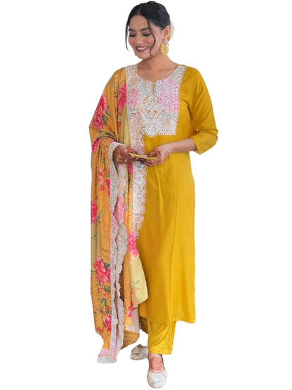 Naixa WomenS Yellow Bsy Viscose Embroidered Flared Kurta With Bsy Viscose Pant And Art Silk Embroidered Laced Dupatta Sets (Nx-