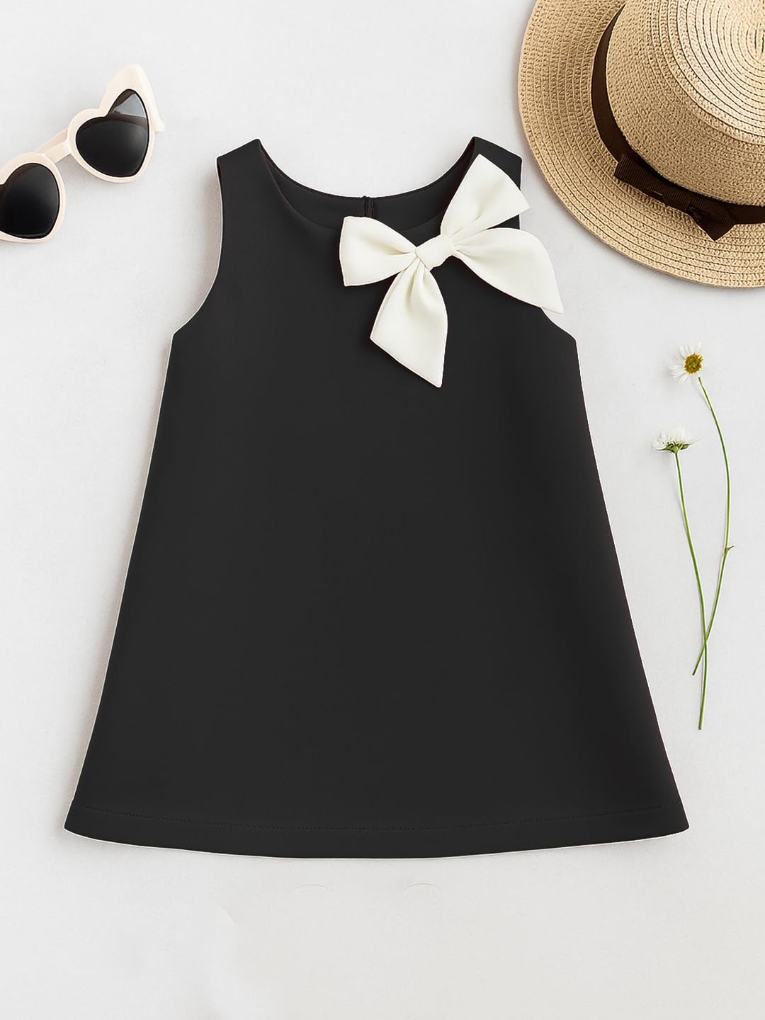 A.T.U.N. (ALL THINGS UBER NICE) Girls Stylish Suzy Dress with Contrast Bow | Sleeveless Soft Stretchable Knee Length Dress Black
