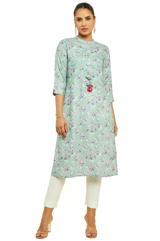 Soch Women Green Linen Floral Print Kurta