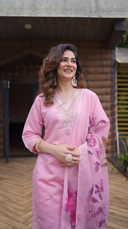 Rieka Women Embroidered Kurta Set With Floral Printed Dupatta & Straight Pant | Ethnic Wear Set For Women | Silk Blend Kurta Set