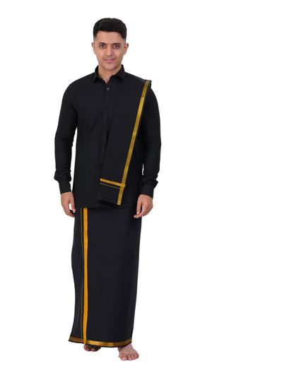 Prakasam Cotton Mens Flexi Readymade Black Jari Border Dhoti + Full Sleeve Black Shirt + Matching Black Jari Border Towel