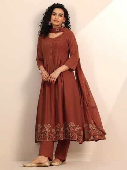 Rust Floral Embroidered Anarkali Kurta With Solid Palazzo And Embroidered Dupatta