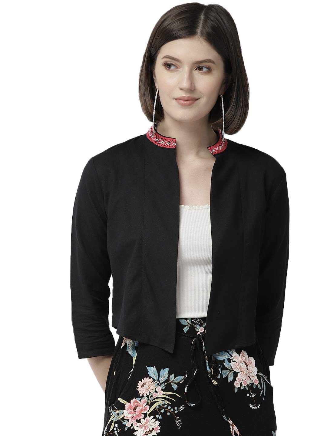 Style Quotient Women Solid Black Cotton Smart Casual Crop Shrug