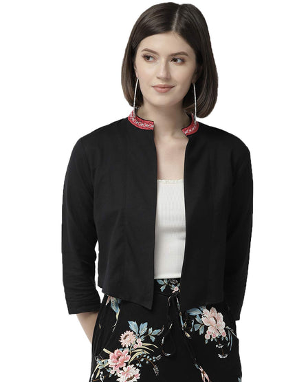 Style Quotient Women Solid Black Cotton Smart Casual Crop Shrug