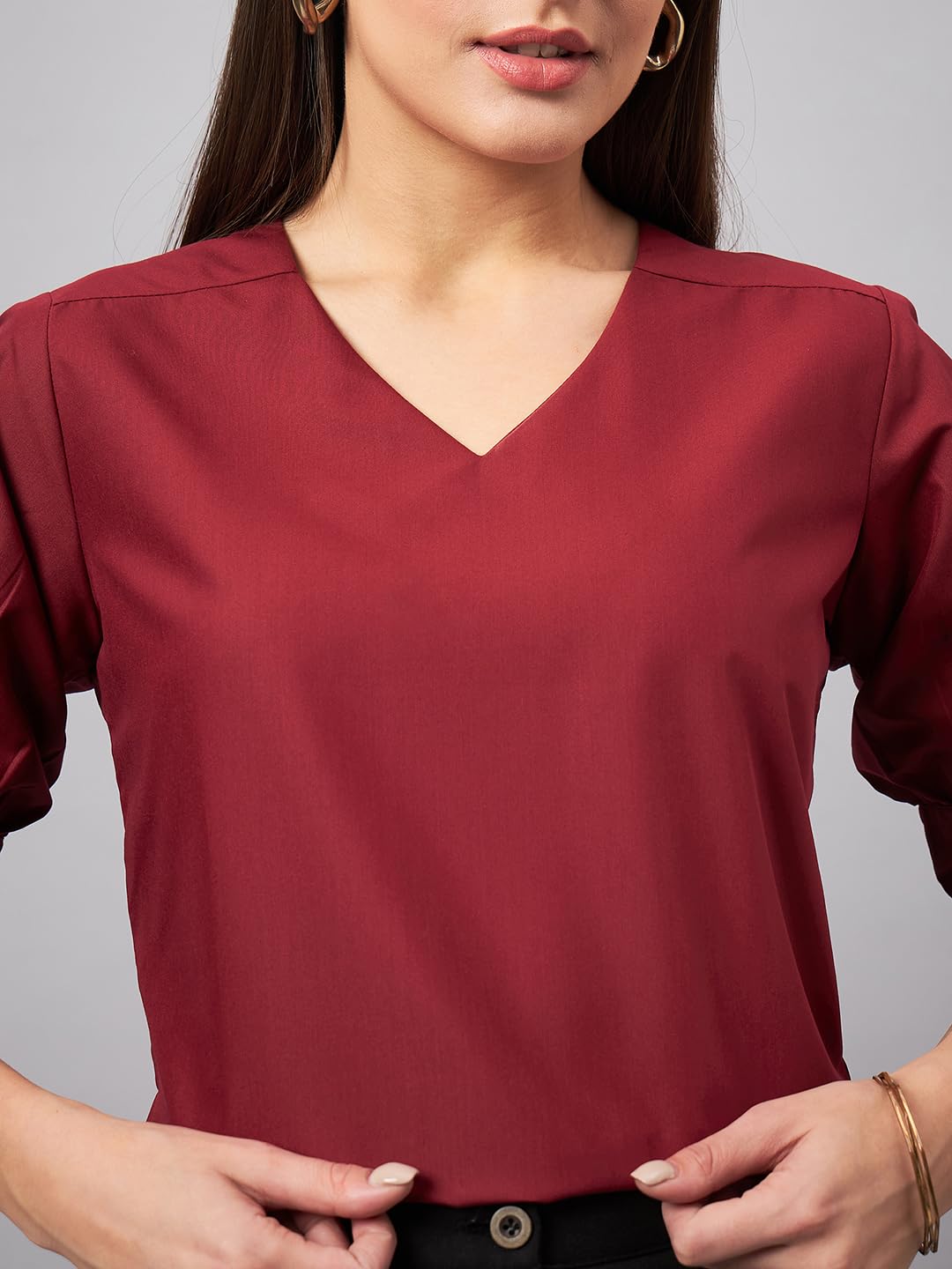 Style Quotient Women Solid Maroon Polycotton Formal Top
