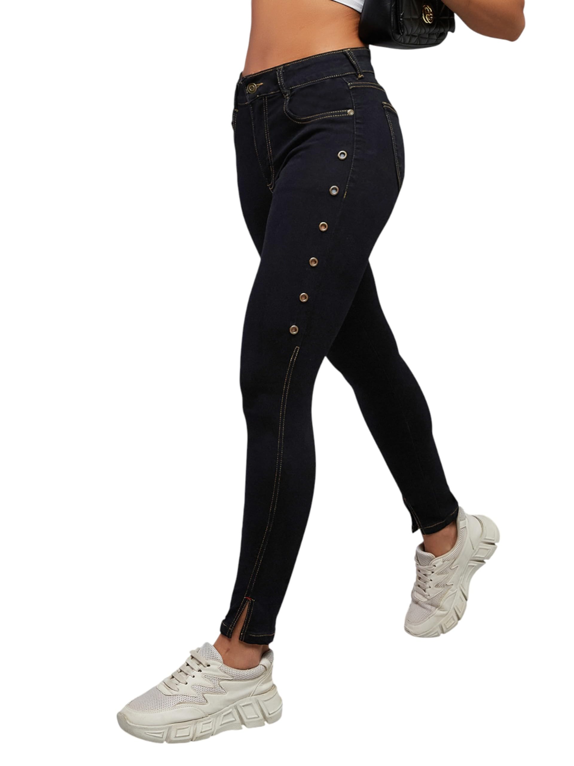 Dolce Crudo Womens Skinny High Rise Side Slit Eyelet Embellished Cropped Length Stretchable Denim Jeans (DOAW18DEN02-76-382-28,