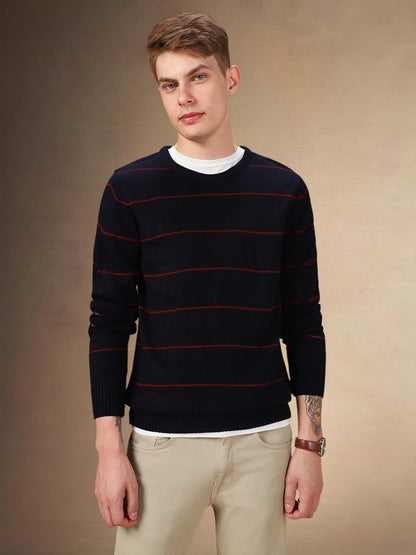 Dennis Lingo Men Stripes Acrylic Regular Fit Full Sleeves Pullover Sweater Navy Blue
