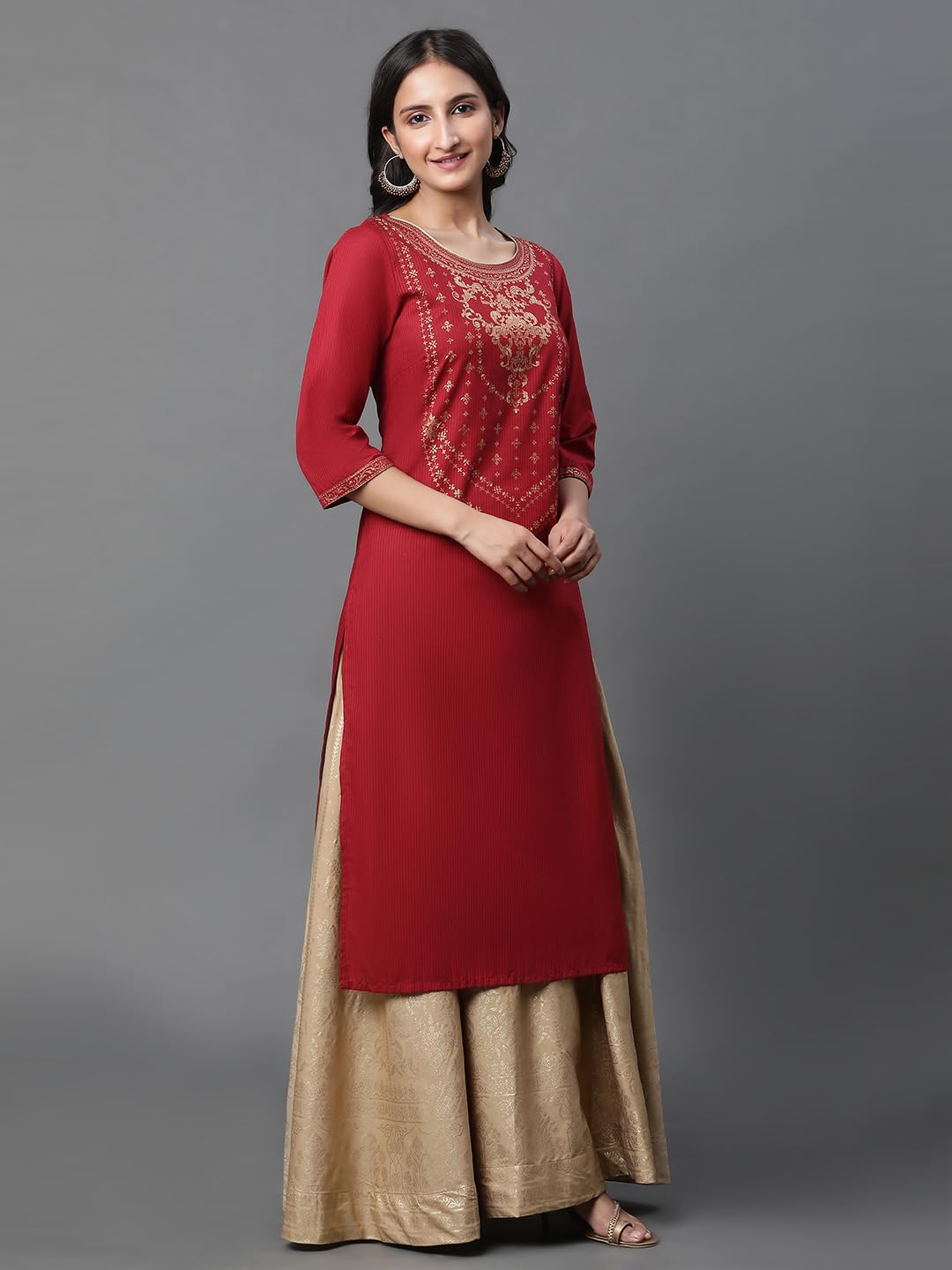 Aurelia Red Cotton Foil Straight Long Kurta