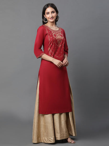 Aurelia Red Cotton Foil Straight Long Kurta