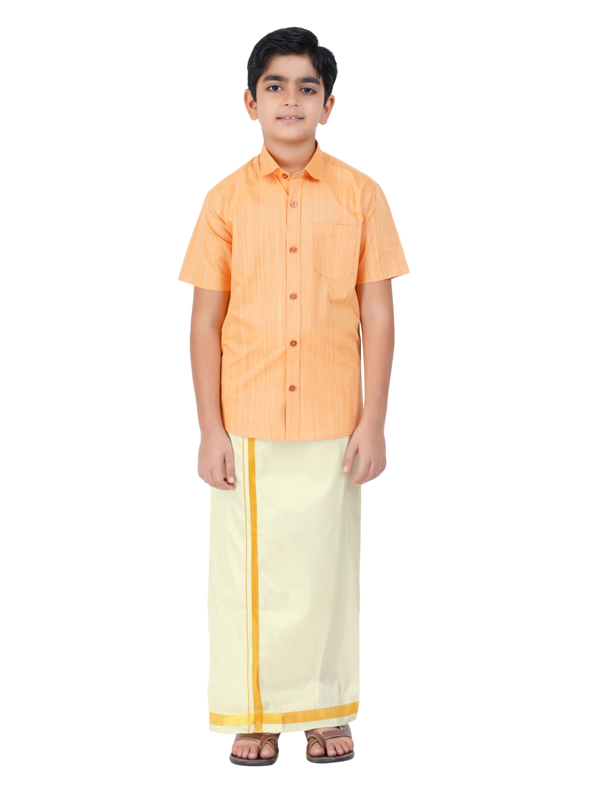 Boys Cotton Half Sleeve Self Design Shirt With Stitched Art Silk Dhoti For Boys (Madriyad-Gold)