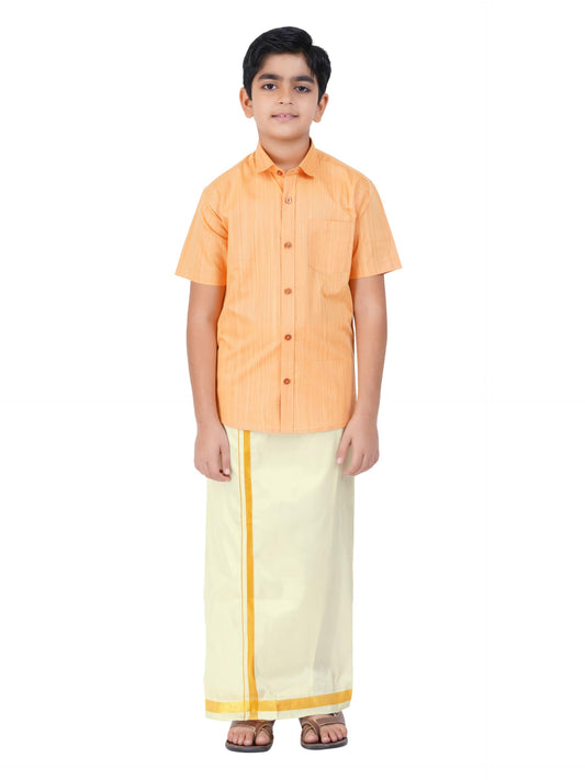 Boys Cotton Half Sleeve Self Design Shirt With Stitched Art Silk Dhoti For Boys (Madriyad-Gold)