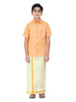 Boys Cotton Half Sleeve Self Design Shirt With Stitched Art Silk Dhoti For Boys (Madriyad-Gold)